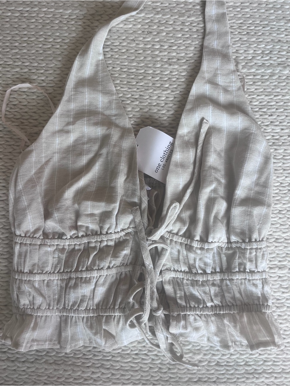 Light Beige Striped Tie-Front Crop Top